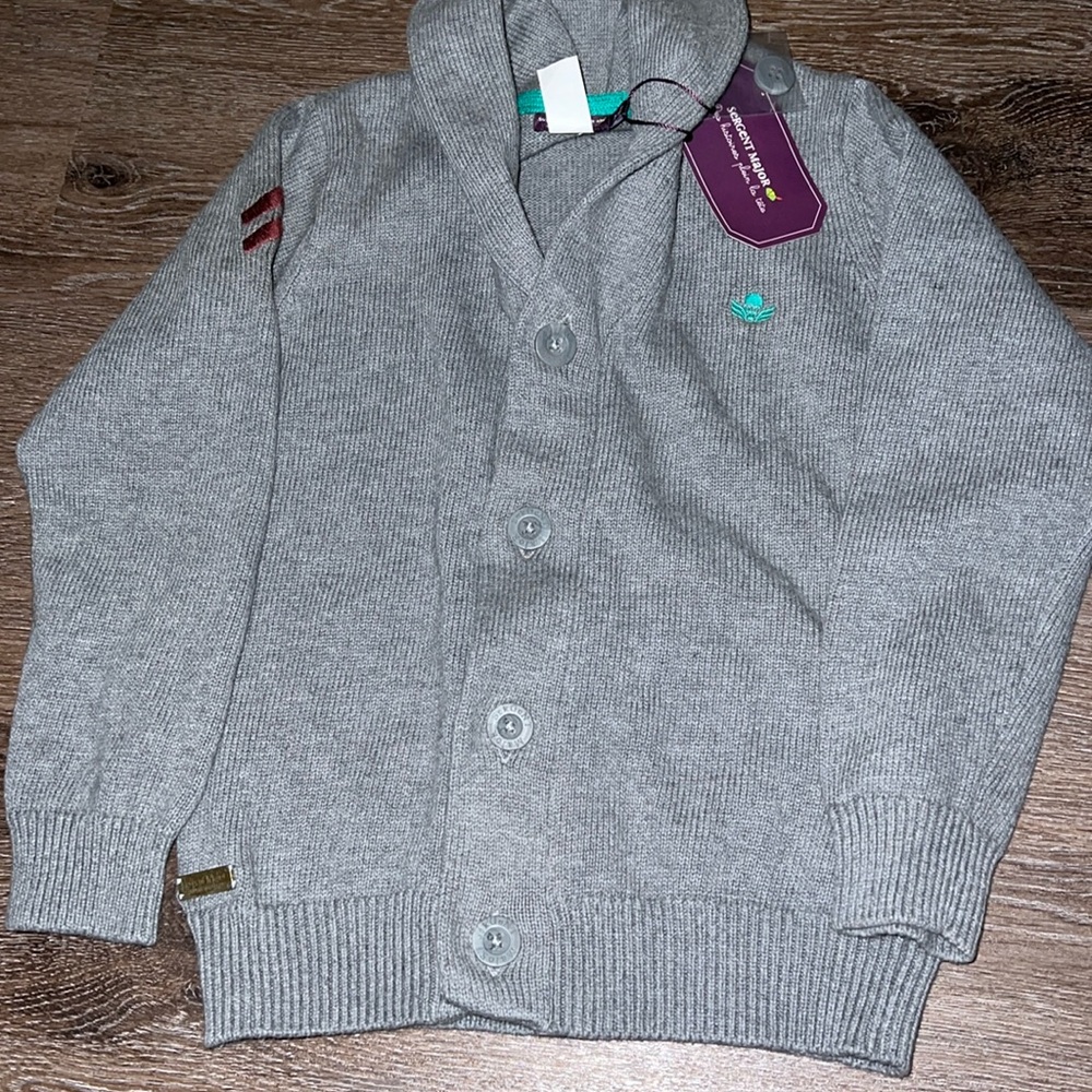 French kids clothing brand Sergent Major grey shawl cardigan with plaid shirt